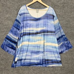 Catherines Womens Plus Size 5X 34/36W Tunic Top Blue Purple Tie Dye Bell Sleeves